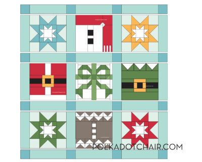 diagram of the assembly of a Christmas quilt using a variety of Christmas quilt blocks. colors are blue, red, gree, yellow & aqua