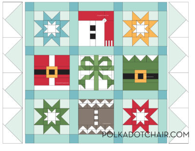 diagram of the assembly of a Christmas quilt using a variety of Christmas quilt blocks. colors are blue, red, gree, yellow & aqua