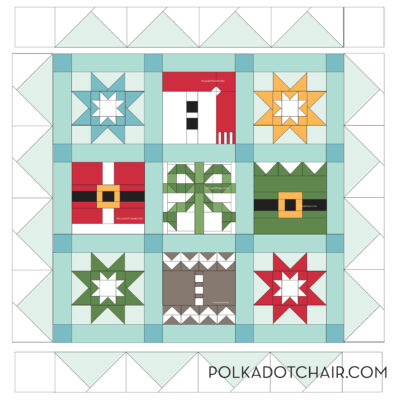 diagram of the assembly of a Christmas quilt using a variety of Christmas quilt blocks. colors are blue, red, gree, yellow & aqua