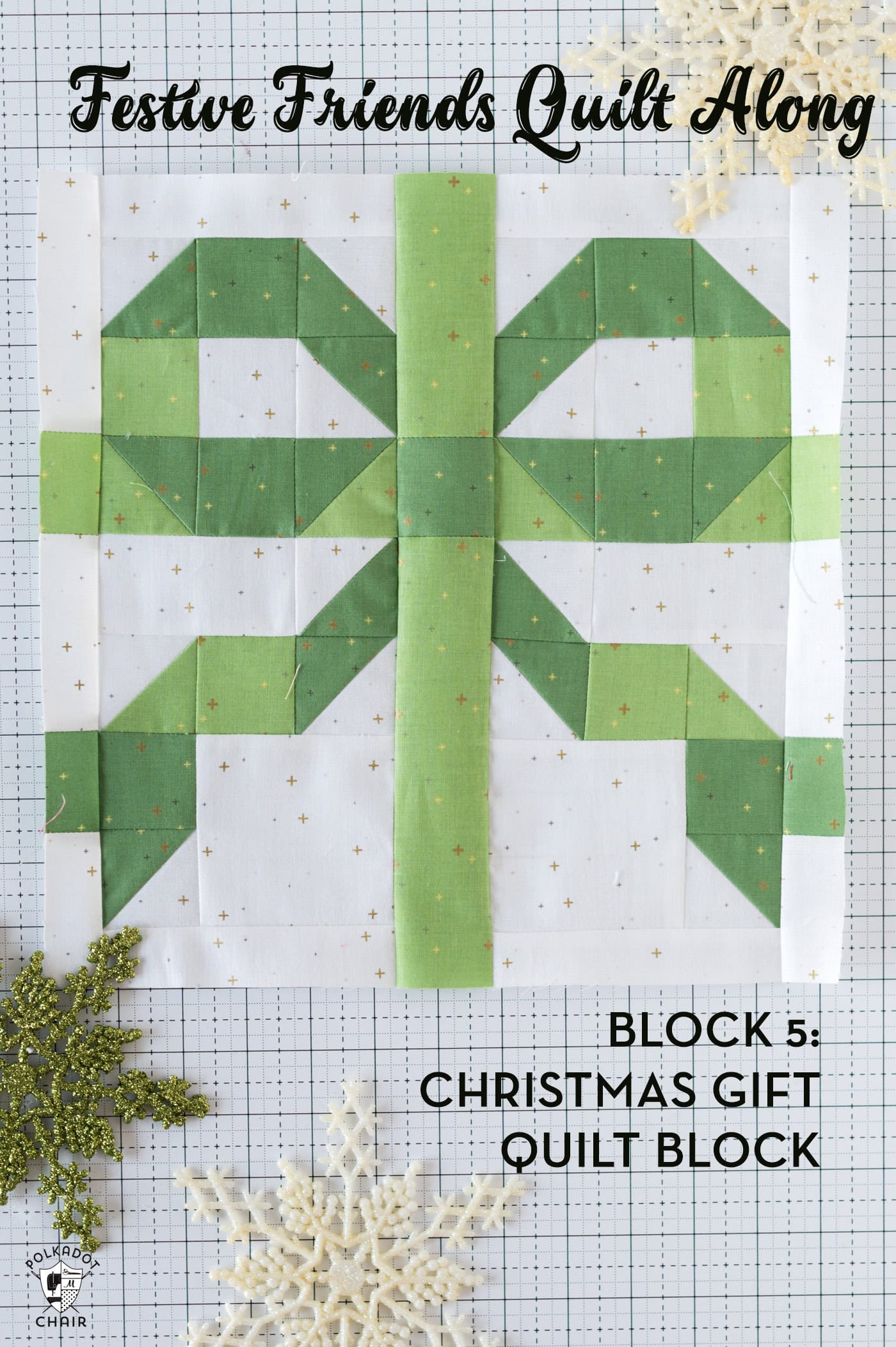 green and white bow quilt block on white cutting mat