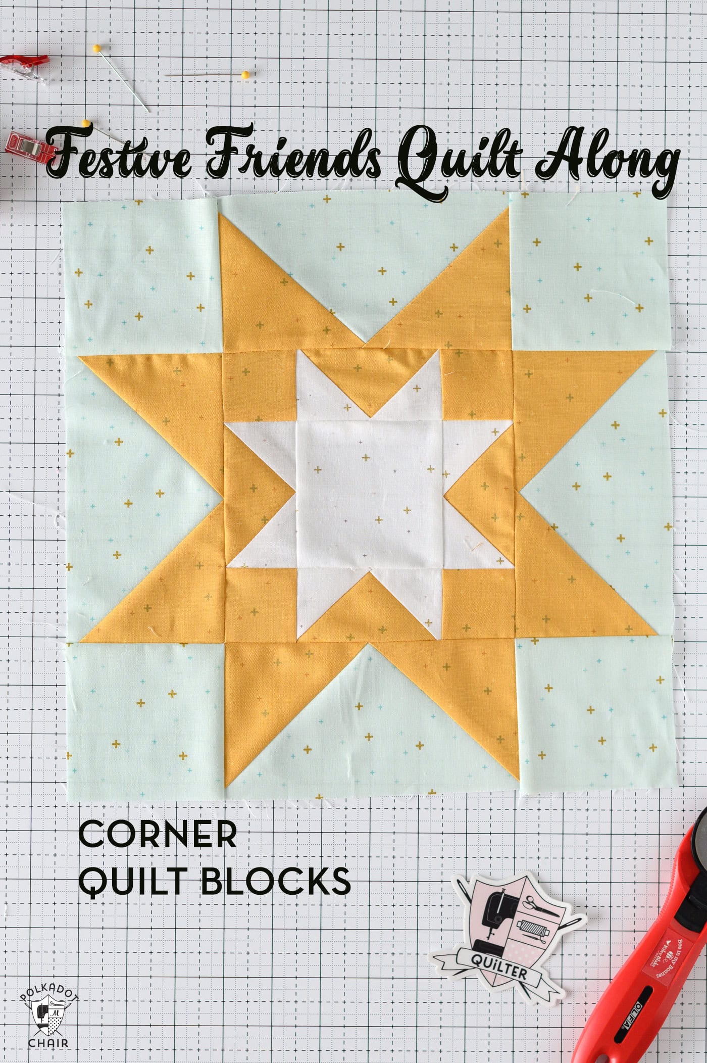 Yellow and light mint quilt block on white cutting mat - quilt block is a star shape