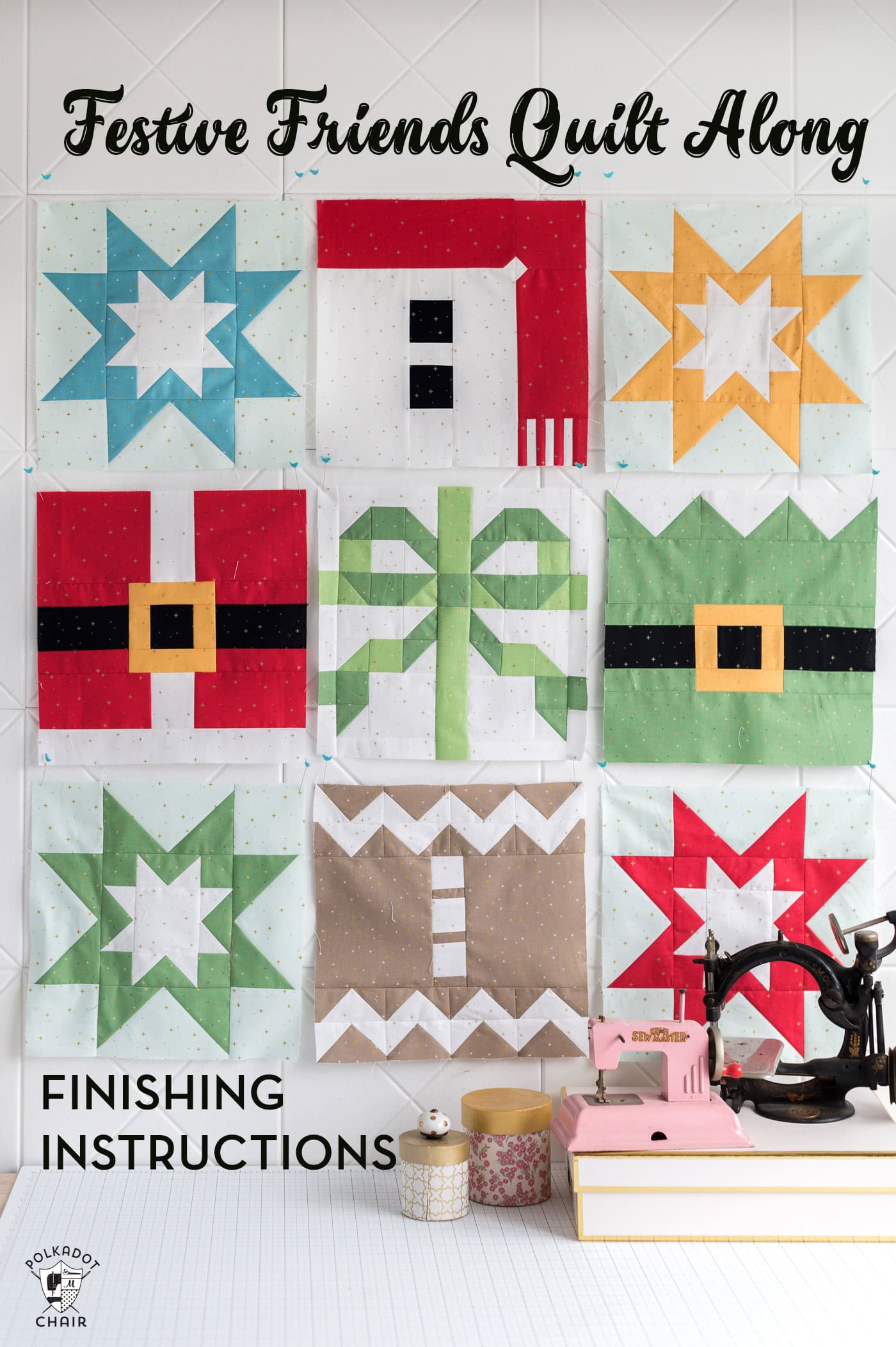 several colorful Christmas quilt blocks on white pinboard