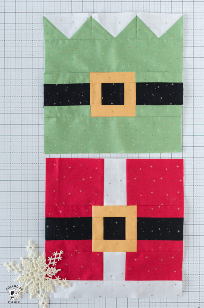 elf and santa quilt blocks on white cutting mat with snowflake