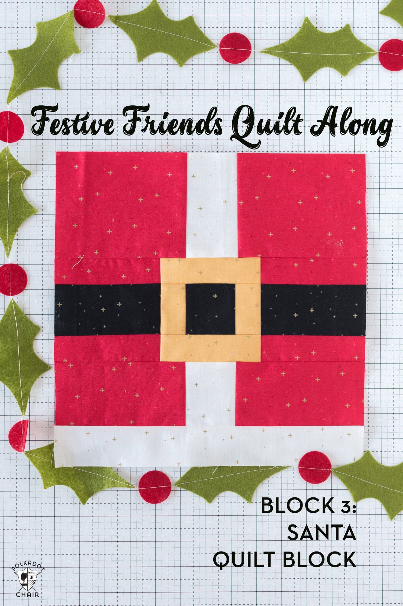 Red, black white and gold santa claus quilt block on white table