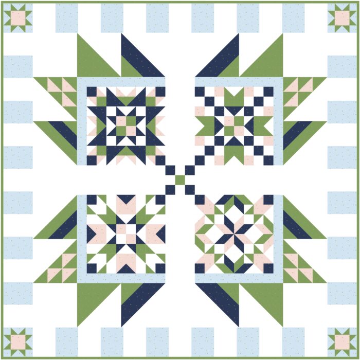 graphic blue, pink navy and green quilt illustration