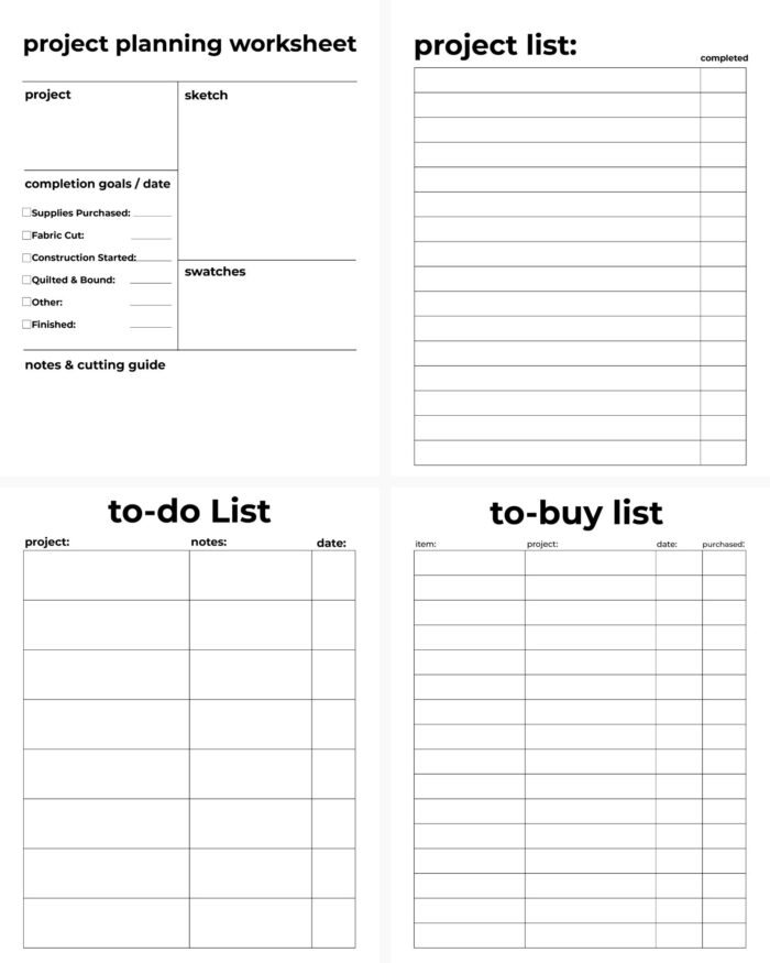 examples of four types of planner pages included in pattern