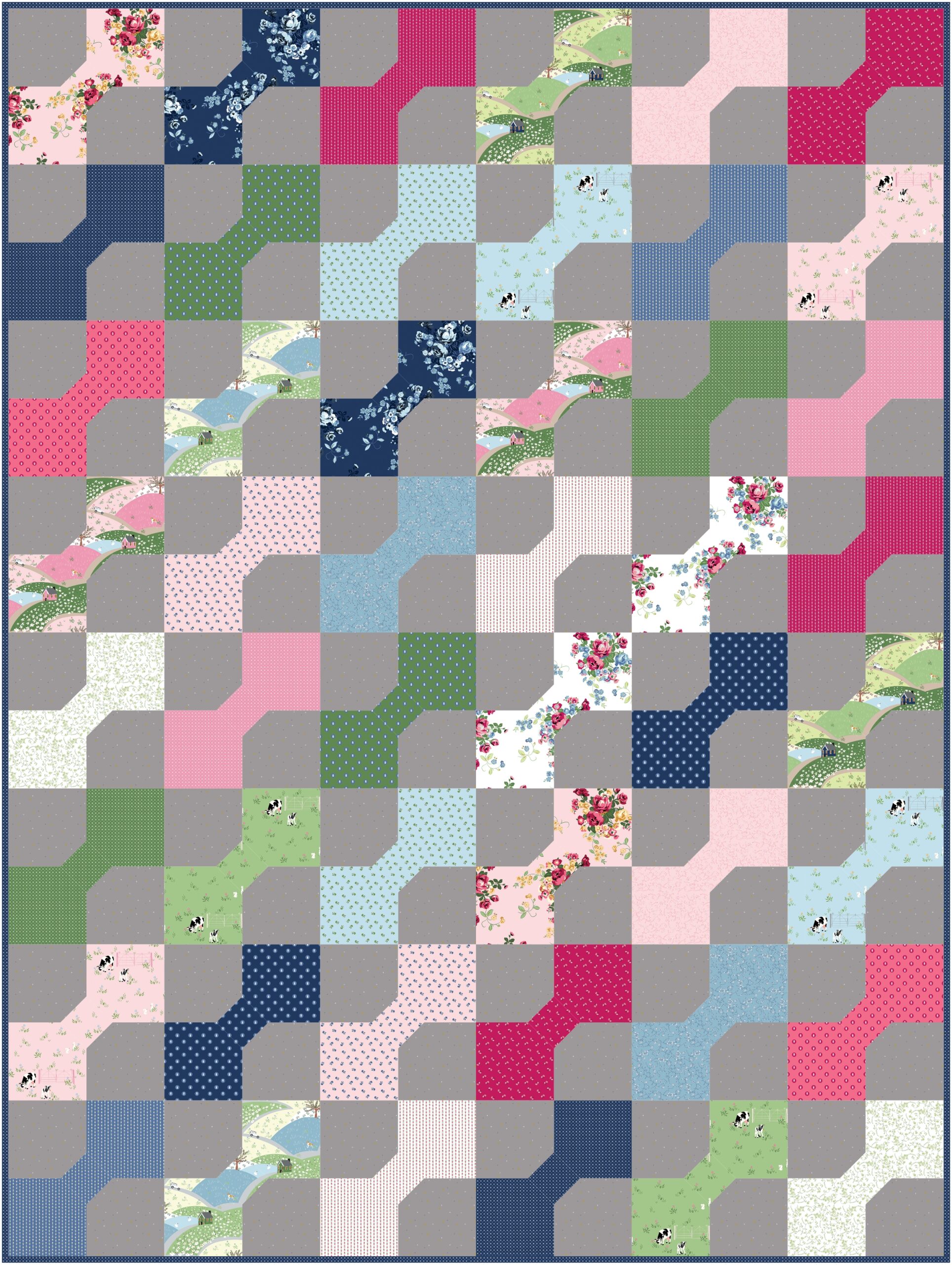 Bow Tie Quilt block diagram in bright colors and gray