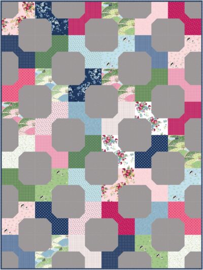 Bow Tie Quilt block diagram in bright colors and gray
