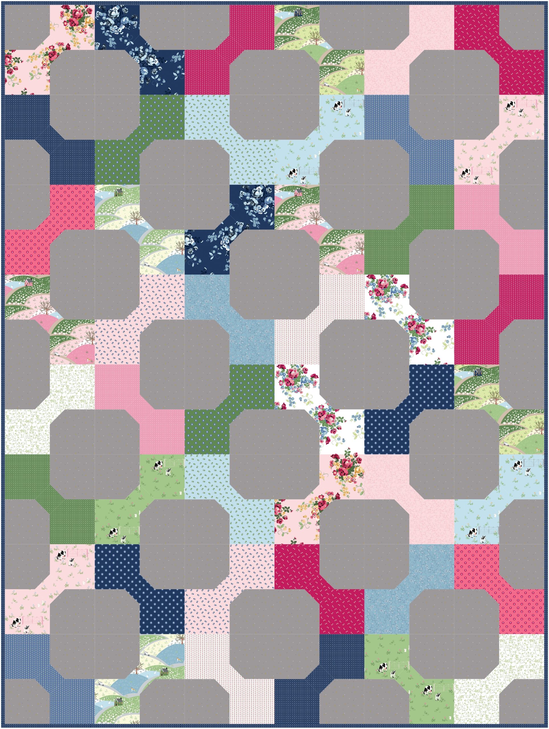 Bow Tie Quilt block diagram in bright colors and gray