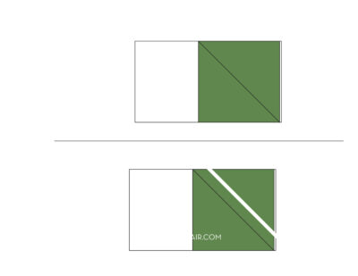 quilt block assembly diagram with blue and green squares and triangles