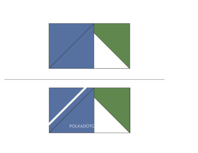 quilt block assembly diagram with blue and green squares and triangles
