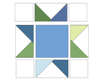 quilt block assembly diagram with blue and green squares and triangles