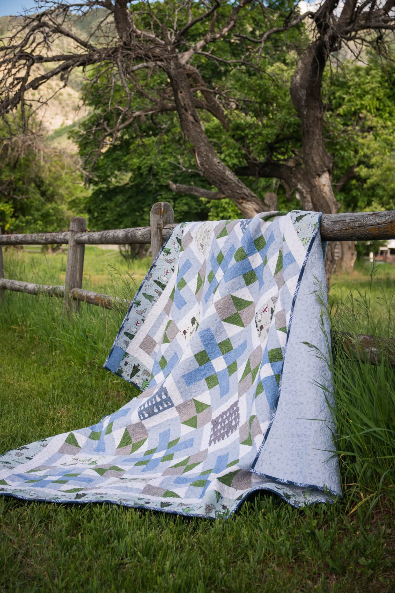 blue flannel quilt outdoors