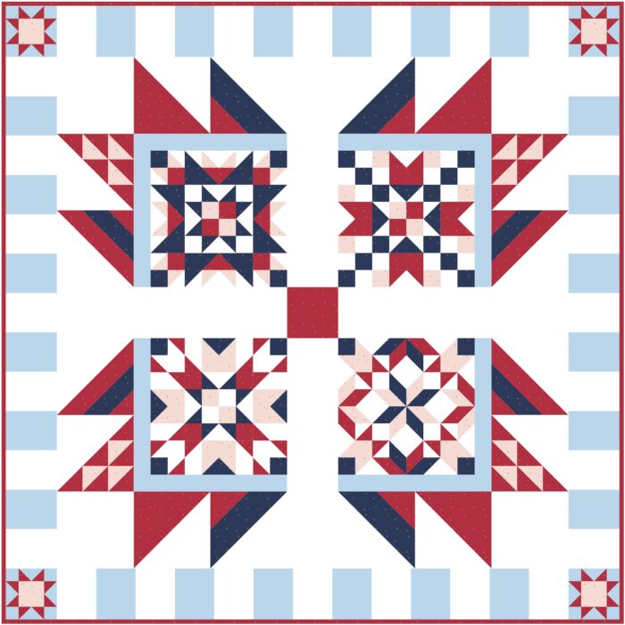 graphic blue, pink navy and red quilt illustration