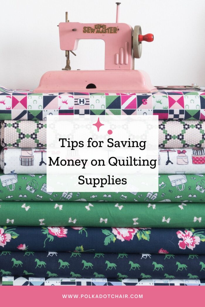 stack of fabric with toy sewing machine on top with text overlay