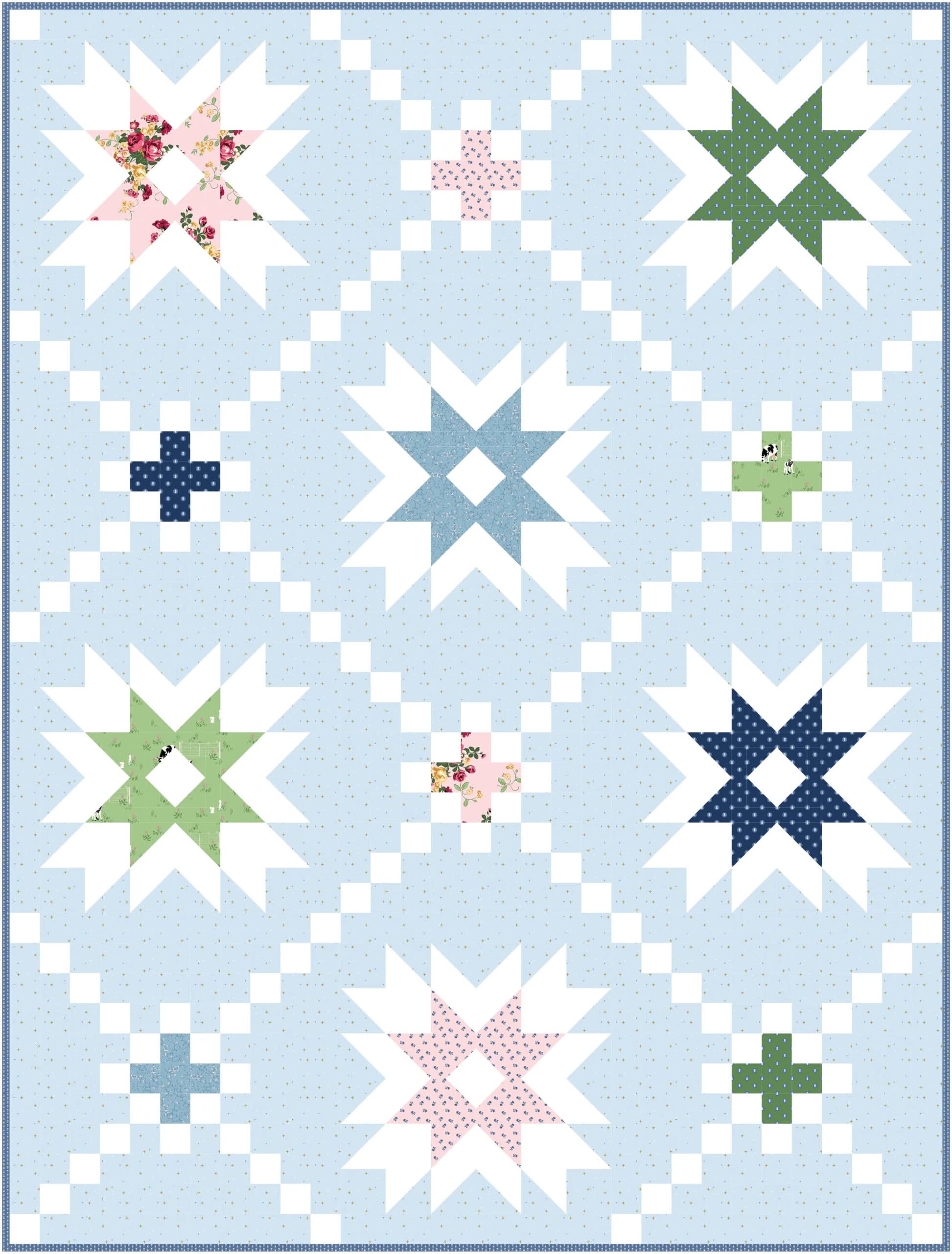 mockup of quilt pattern in blue, pinks and greens