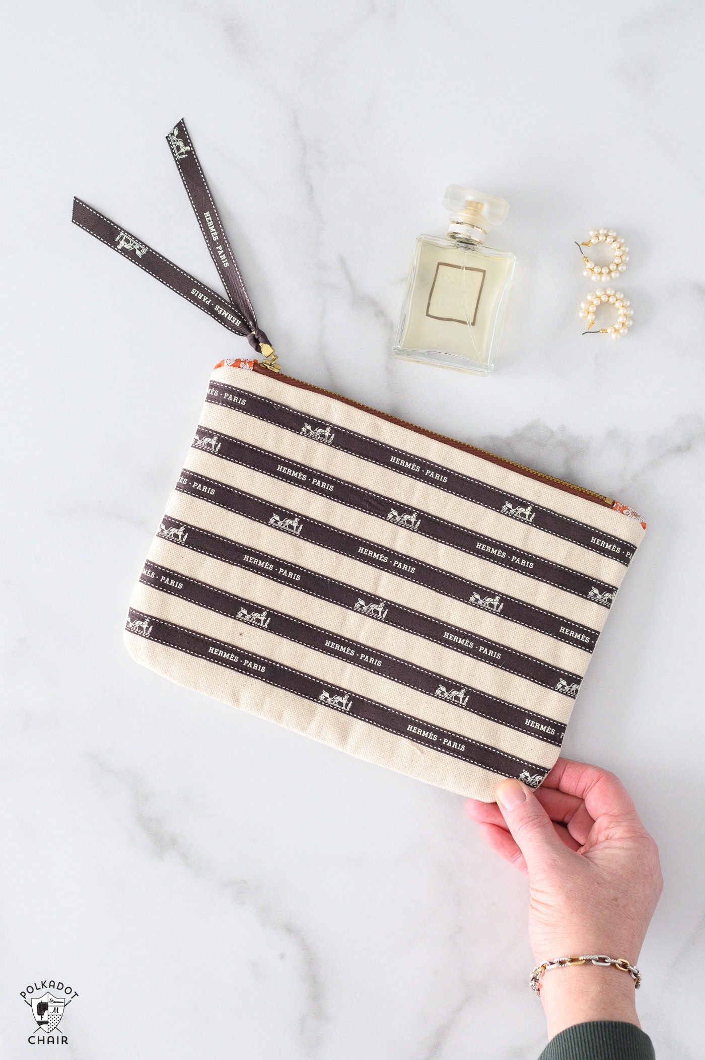multiple striped zip bags on silk scarf