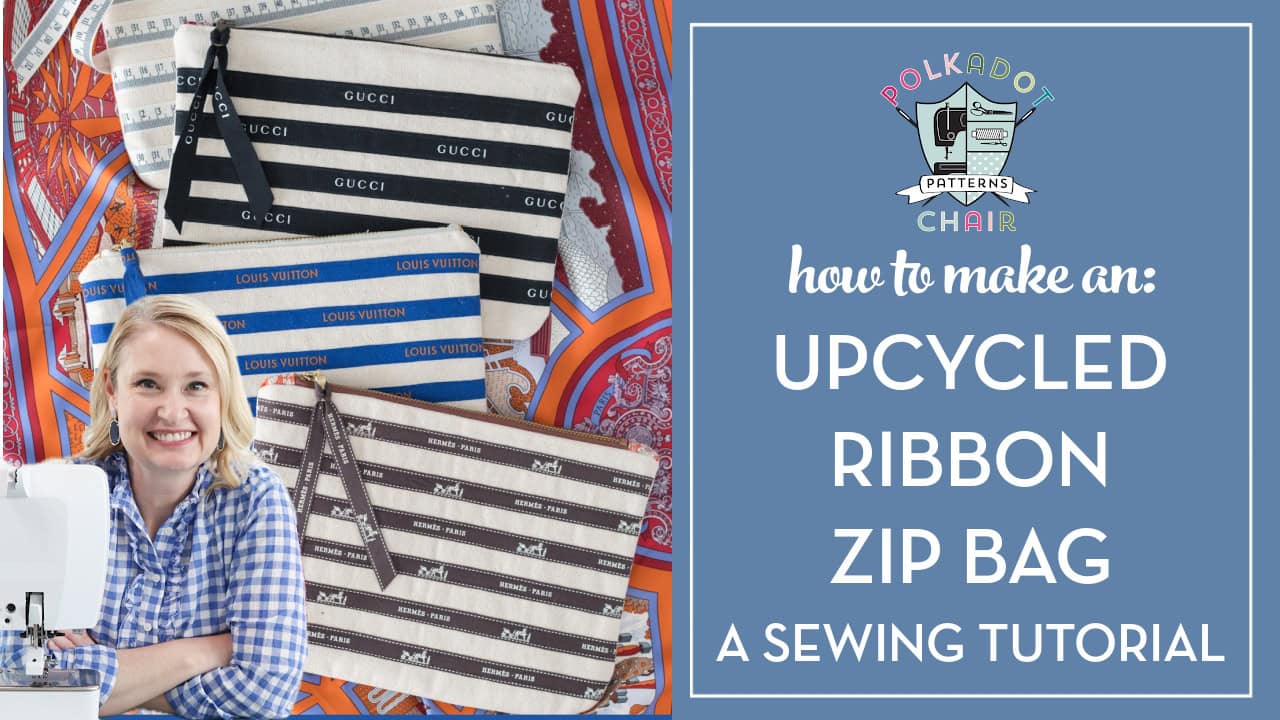 YouTube thumbnail image with text and photo of woman at sewing machine