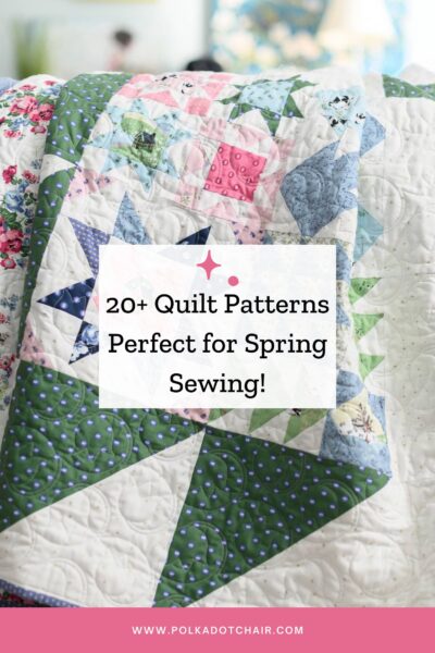Close up image of spring quilt with text overlay.