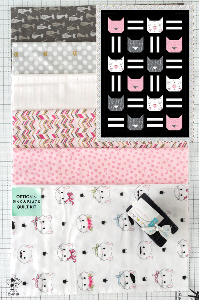 pink and gray fabrics with quilt pattern overlaid in the top right corner