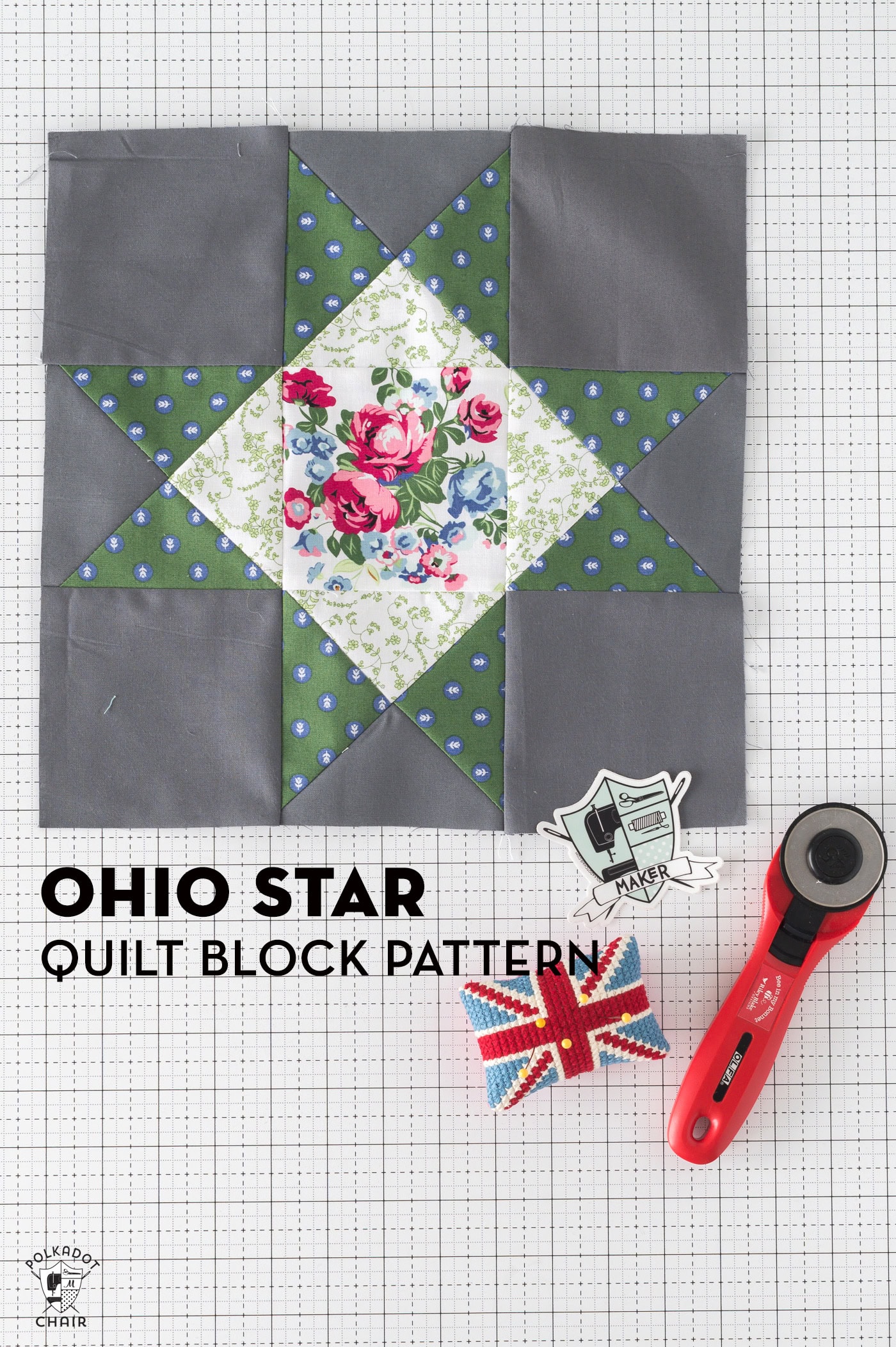 gray, green and white ohio star quilt block on white table