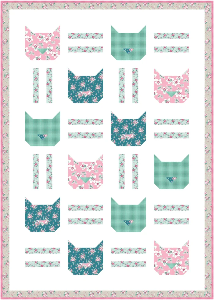 mockup of cat quilt in spring fabrics