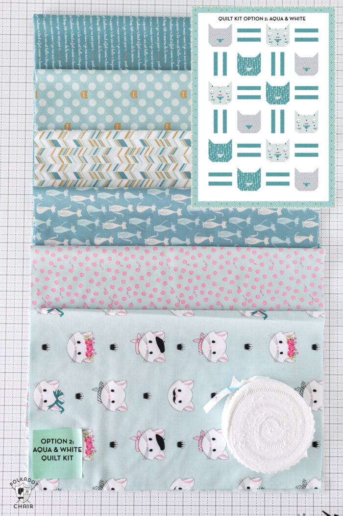 pink and gray fabrics with quilt pattern overlaid in the top right corner