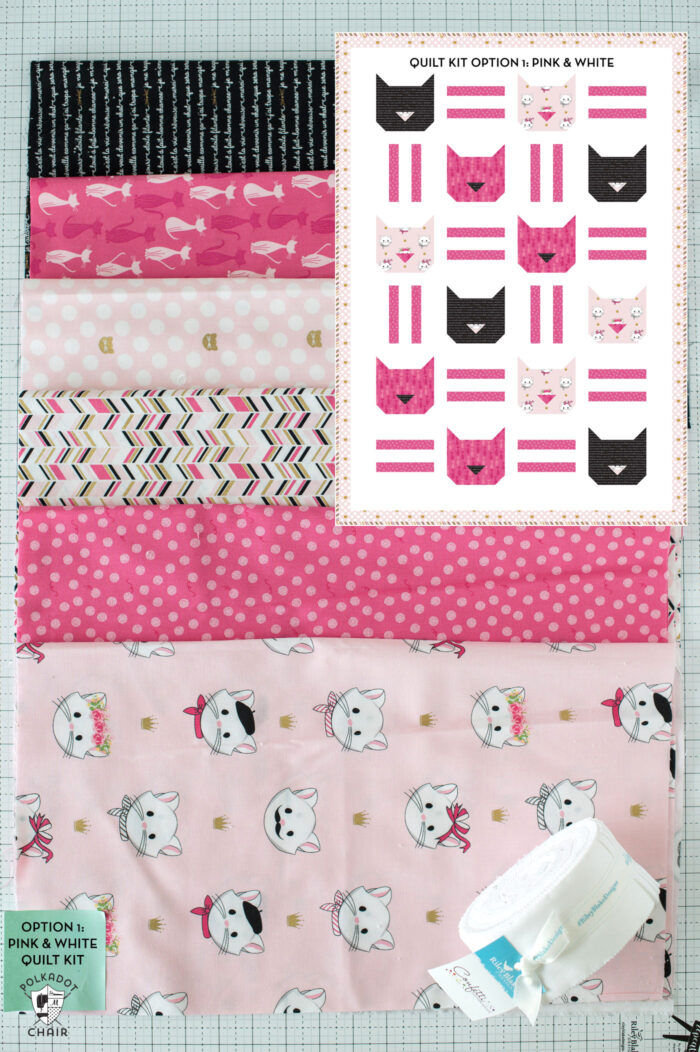 pink and gray fabrics with quilt pattern overlaid in the top right corner