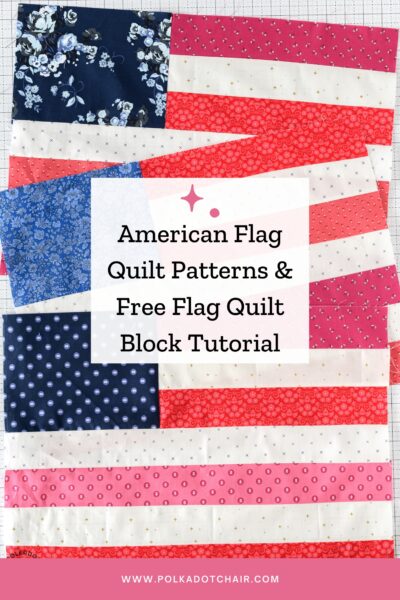 three american flag quilt blocks on table with text overlay