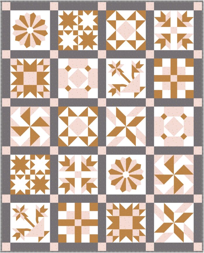 gray and dark yellow and pink sampler quilt
