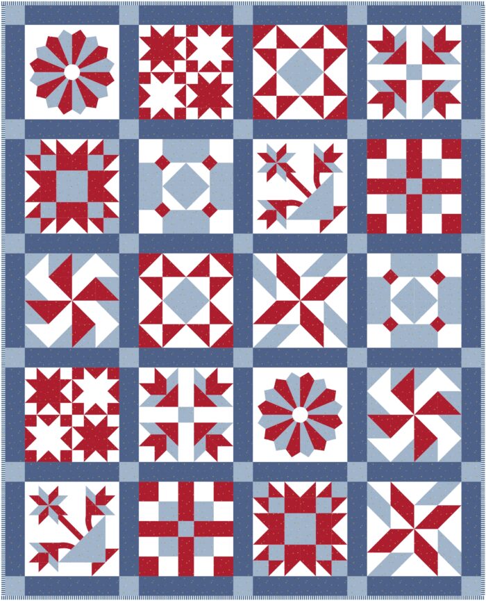 red white and blue sampler quilt