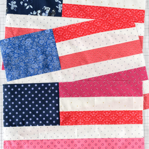 three american flag quilt blocks on table