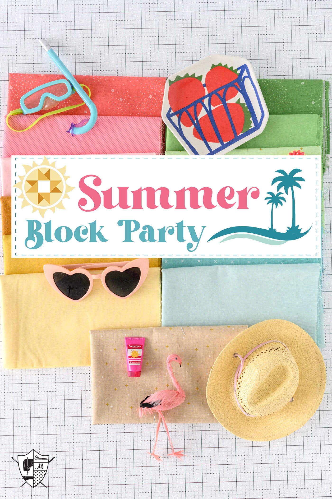 colorful fabrics on cutting mat with summer accessories