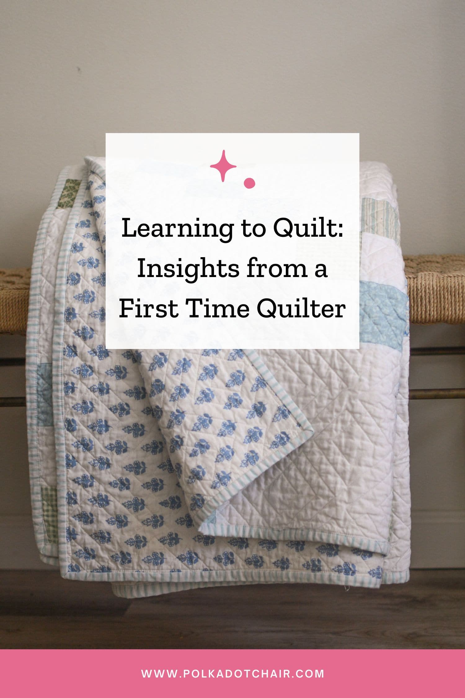 quilt folded on bench in room with text overlay