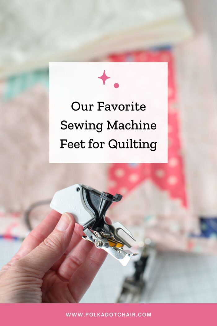 photo of hand holding walking sewing machine foot with fabric in background