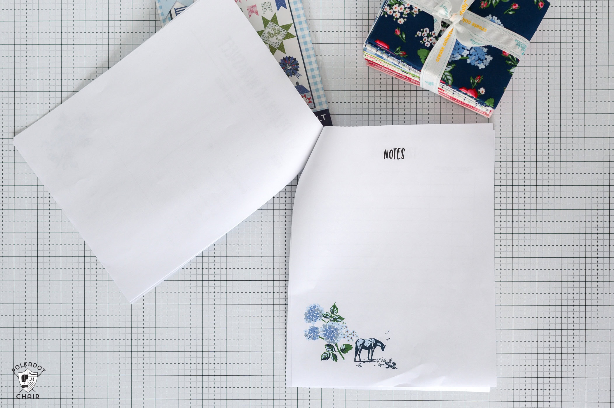 printed planner pages and fabric on white cutting mat
