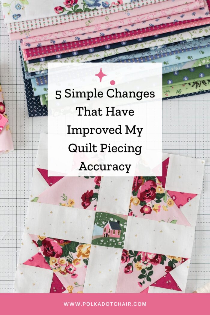 Pink quilt block with colorful fabrics on white cutting mat with text overlay