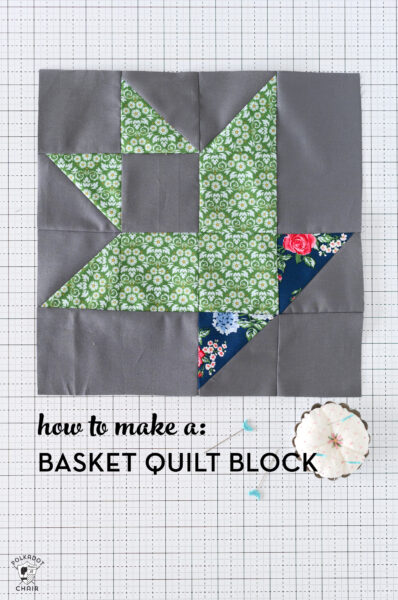 Green and blue basket quilt block on gray background