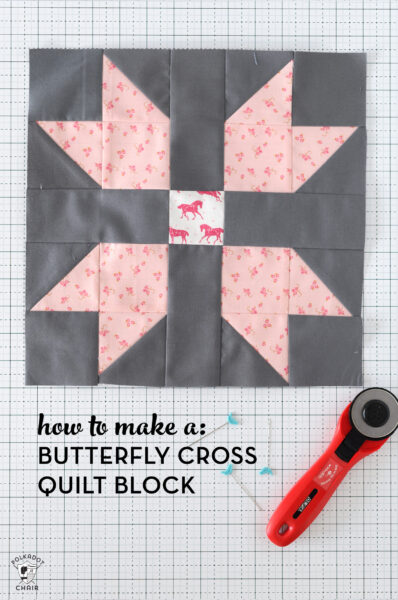 pink and gray quilt block on white cutting mat