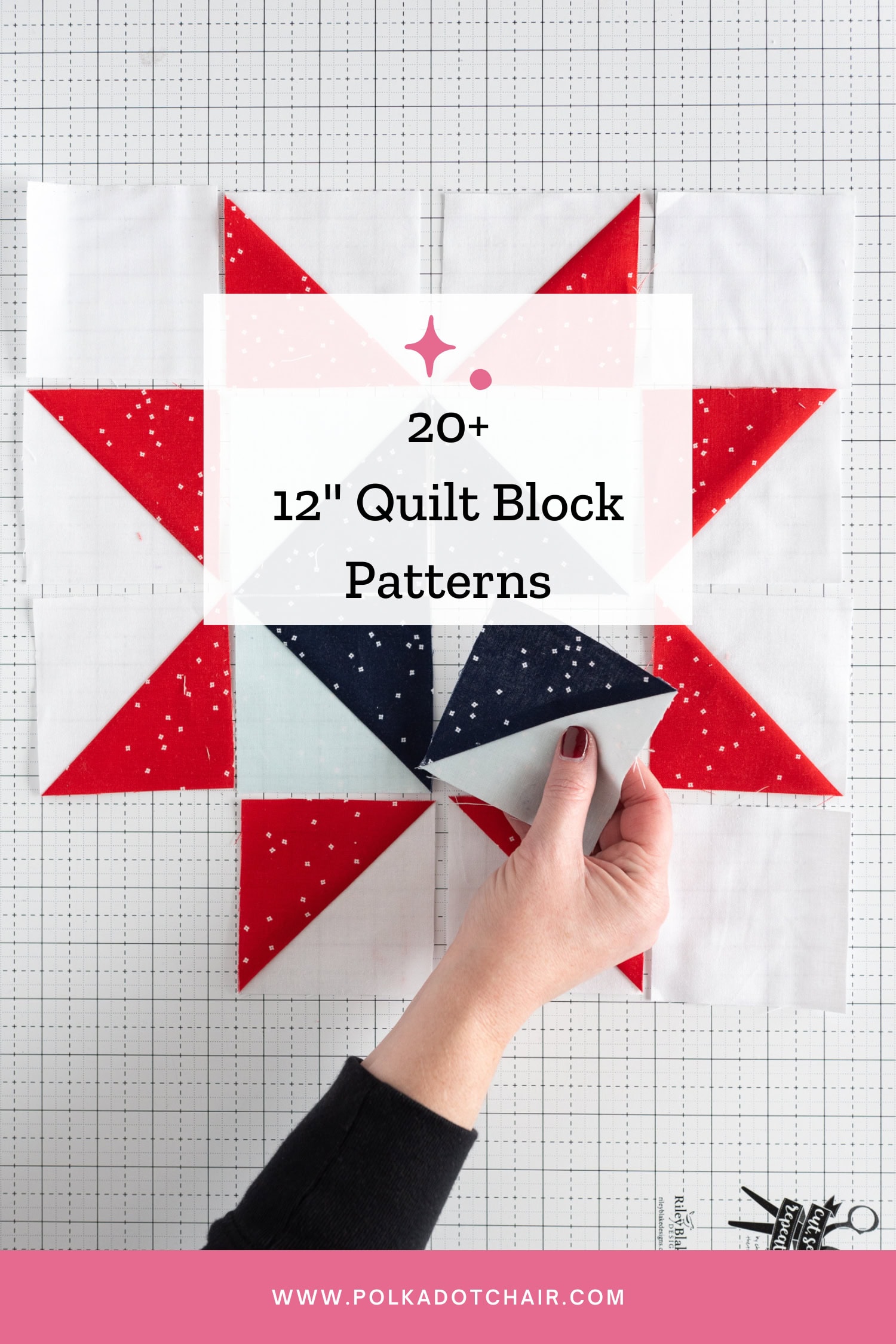 Hand placing square of fabric on cutting mat to make quilt block