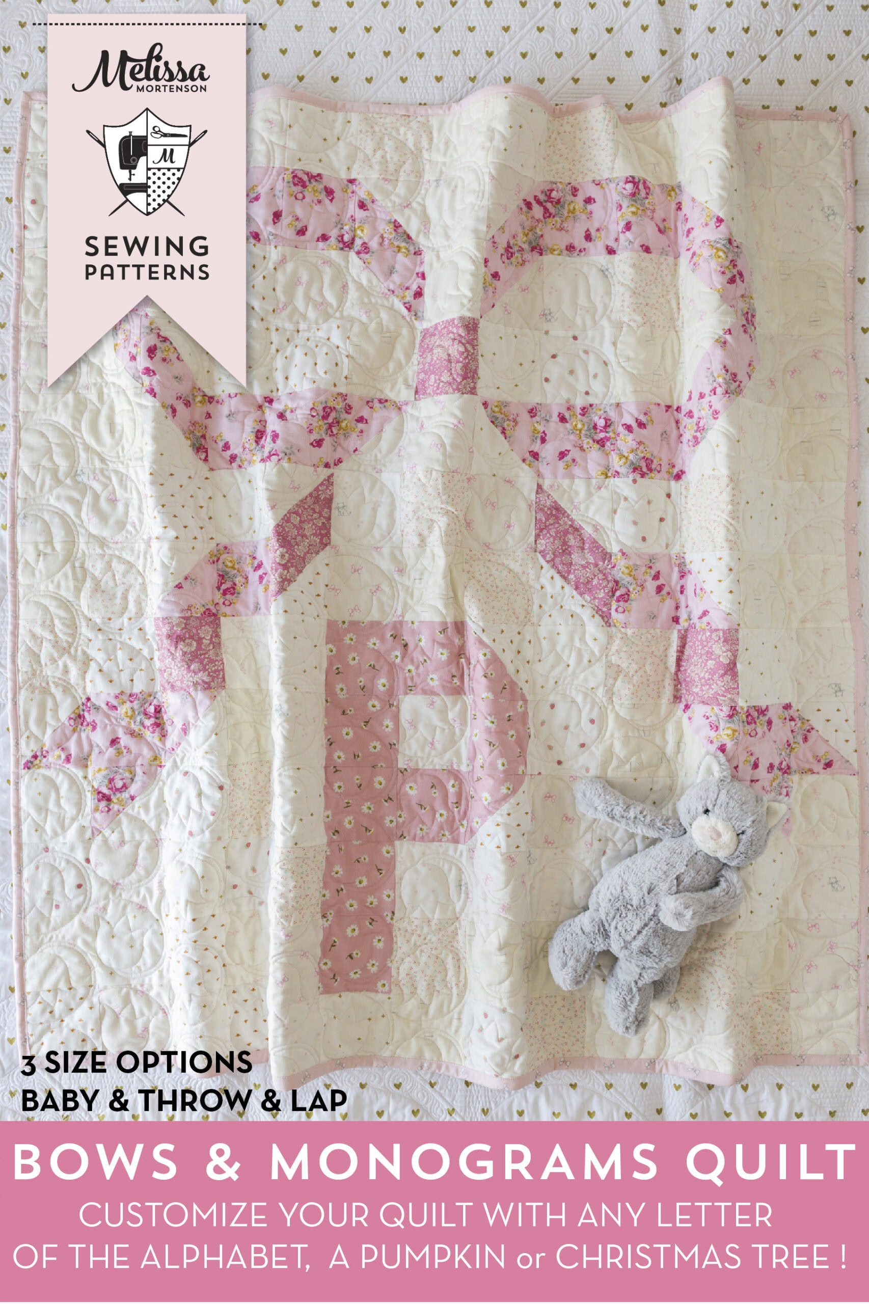 pattern cover of quilt pattern featuring large pink bow and letter P