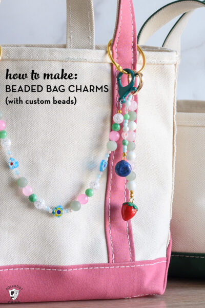 beaded bag charms on pink tote bag