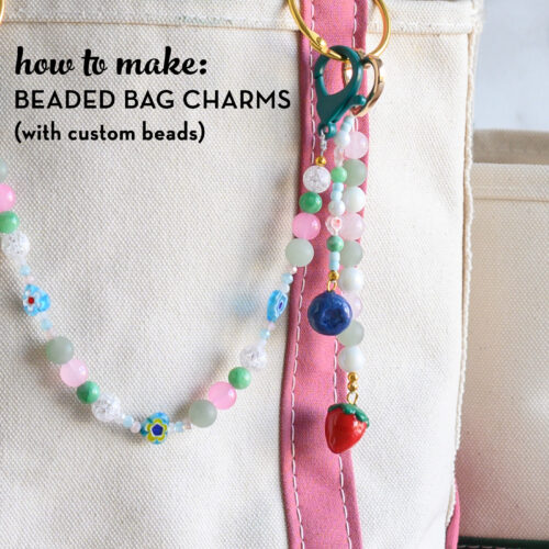 beaded bag charms on pink tote bag