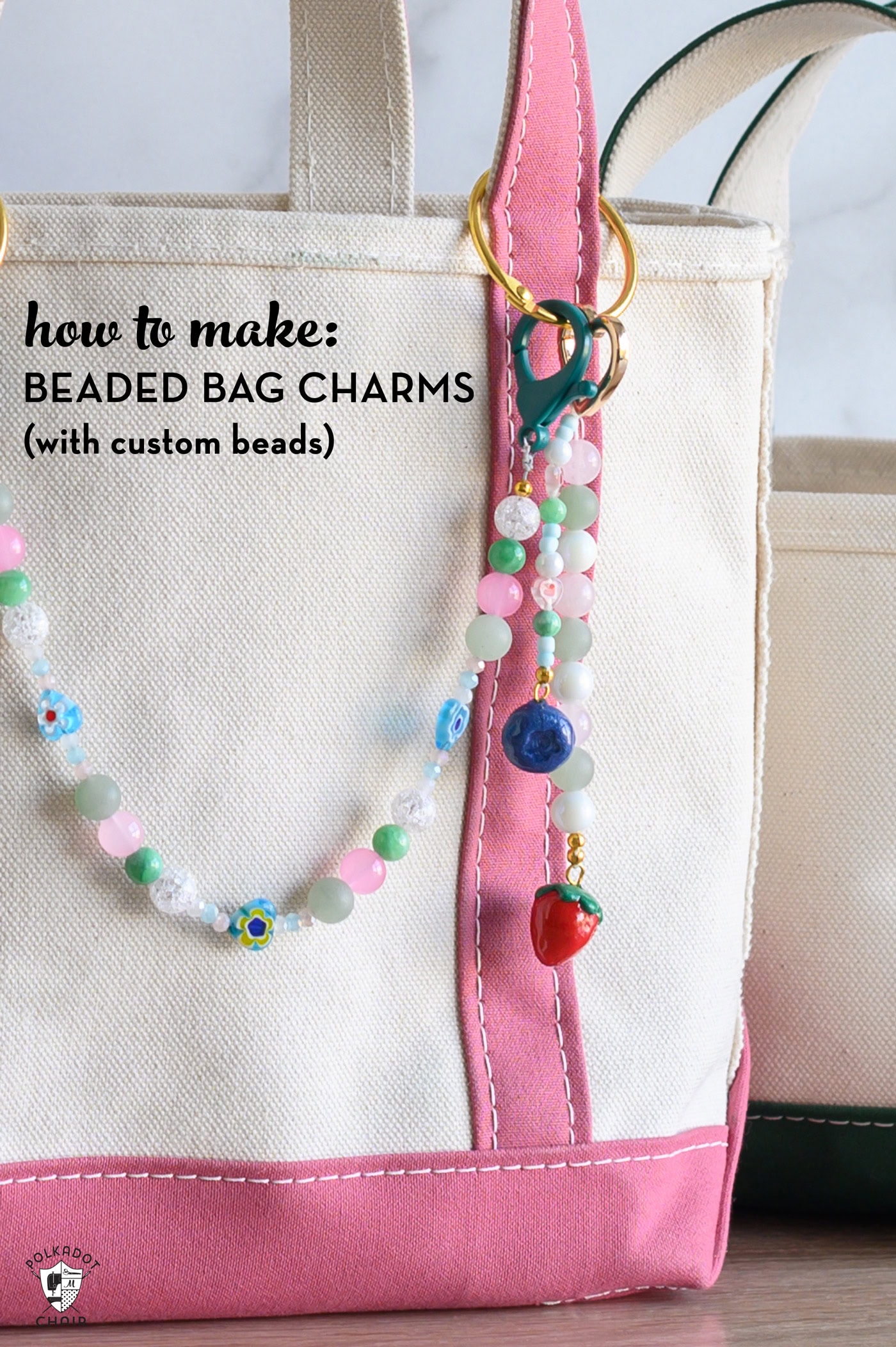 beaded bag charms on pink tote bag