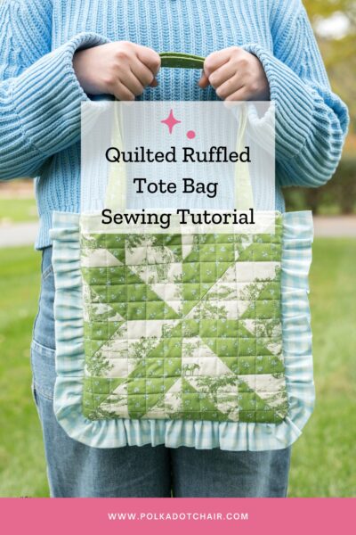 girl holding green and white quilted tote bag