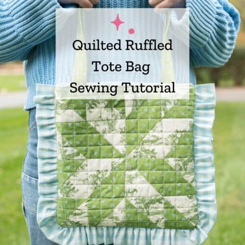 girl holding green and white quilted tote bag