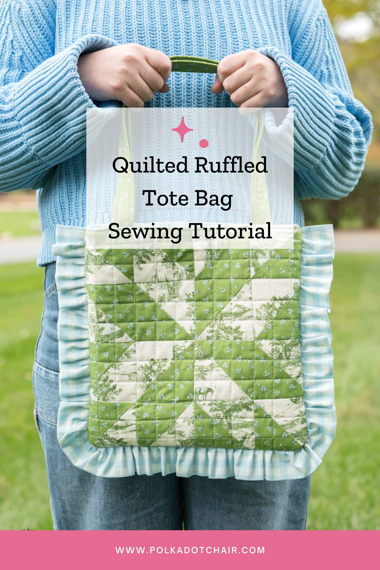girl holding green and white quilted tote bag