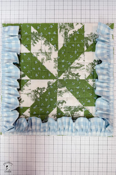 blue gingham ruffle attached to quilt block tote bag