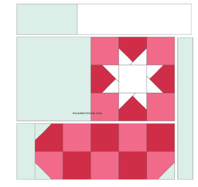 stocking quilt block illustrations in pink, red and mint