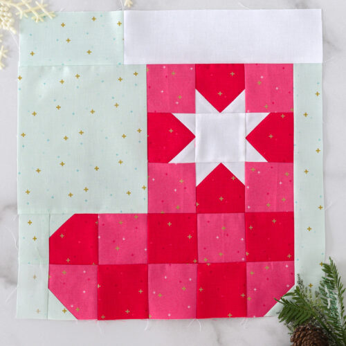 stocking quilt block on white counter